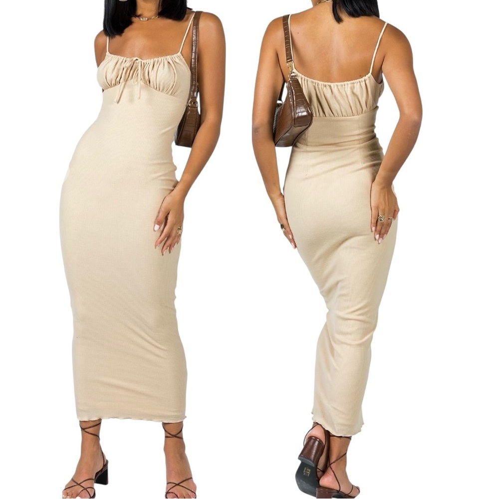 Princess Polly Cream Beige Fitted Maxi Comfy Dress Waffle Texture Size 6